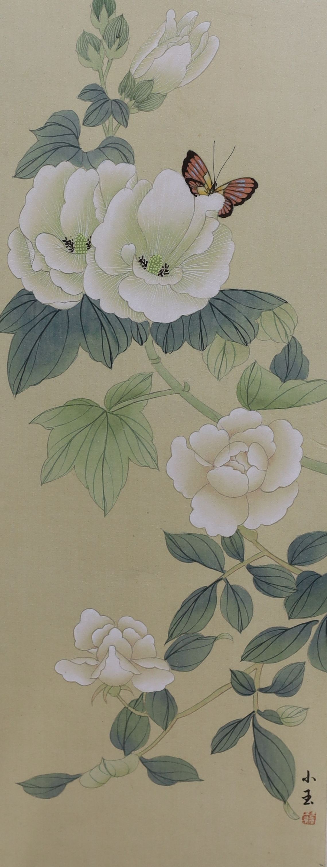 Chinese School, six watercolour and gouache on silk, Studies of birds and flowers, largest 68 x 33cm